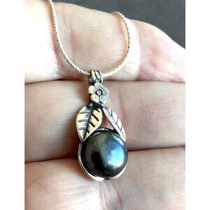 Vtg OR PAZ Cultured PEACOCK PEARL in Sterling Silver NECKLACE 18" Flower & Leaf